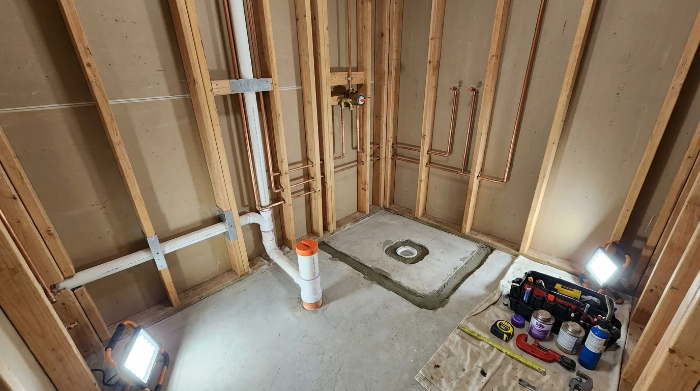 Bathroom rough-in plumbing during remodel by Johns Plumbing LLC in Aptos